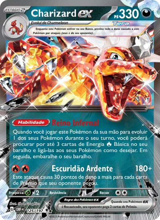Carta Pokémon Charizard ex 125/197 da coleção Obsidian Flames, usada para mostrar onde ficam nome, HP, numeração e raridade
